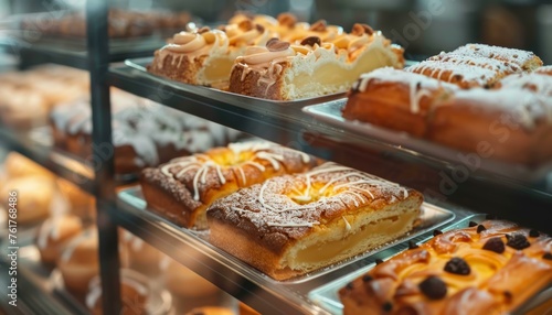 Assorted pastries displayed in a bakery showcase with a focus on puff pastry and chocolate-topped delights photo
