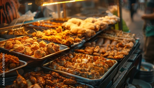 Variety of traditional street food on display at a night market stall.