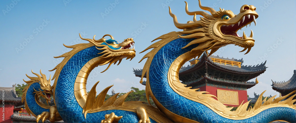 Big Blue Chinese Dragon Statues