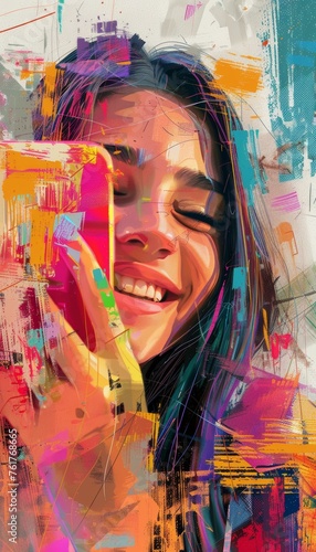 Colorful abstract portrait of a smiling woman with vibrant brush strokes and dynamic textures