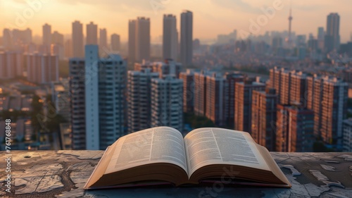 Open book overlooking a city skyline at sunrise