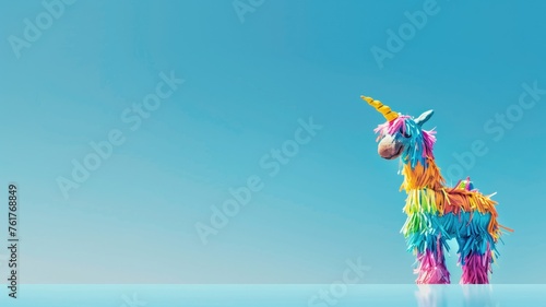 Colorful unicorn pinata stands against a clear blue sky, evoking fun and celebration photo