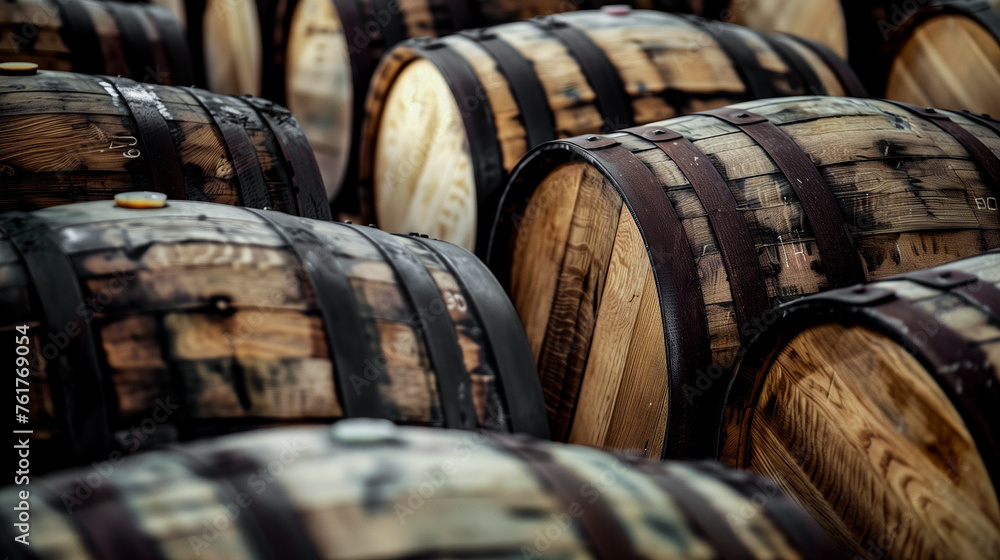 A row of barrels with a brown wood finish. Whiskey barrels