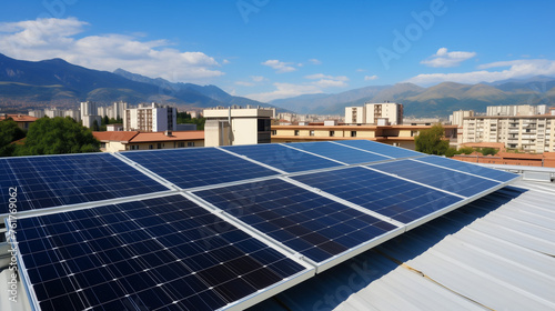Solar panels on a residential building rooftop with mountain view.