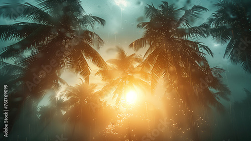 After the storm: Sun breaks through clouds, illuminating palm trees.