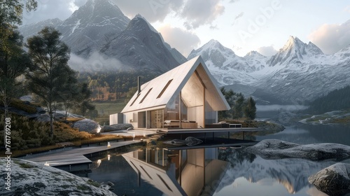 The unique architectural features of the A-frame home, along with the scenic beauty of the lake and mountains, create a balanced and visually appealing composition.