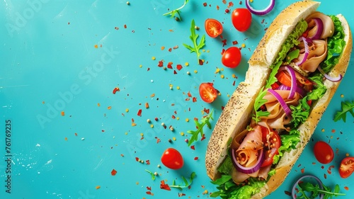 Colorful deli sandwich on a vibrant teal background with scattered ingredients