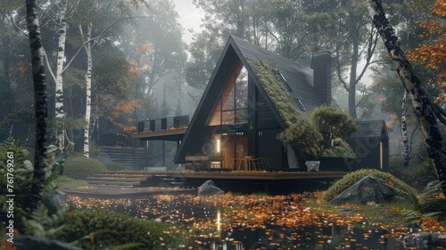 the house is A-shaped among tall spruce trees so that their foliage frames the structure and creates a seamless integration with the surrounding nature.