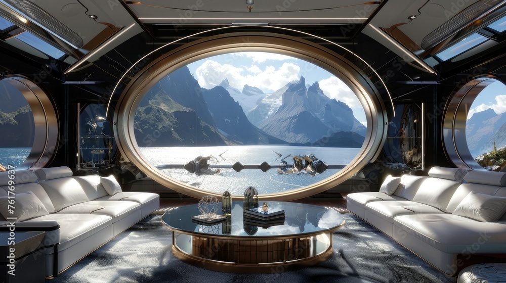 Luxurious interior of a living room on a yacht. The furniture and decor demonstrate the sophistication of the yacht's interior. Large windows convey the beautiful landscape outside the window.