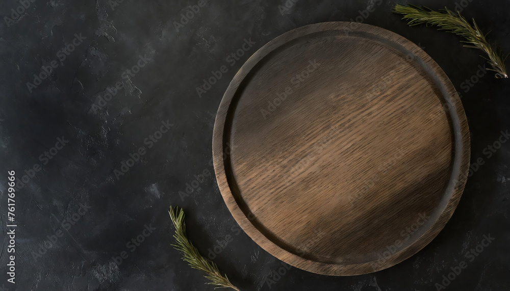 Fototapeta premium Empty wooden cutting board on dark background, top view, copy space