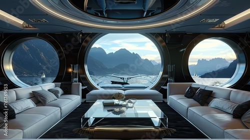 Luxurious interior of a living room on a yacht. The furniture and decor demonstrate the sophistication of the yacht's interior. Large windows convey the beautiful landscape outside the window. © Светлана Канунникова