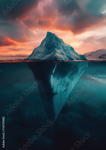 Submerged Majesty - An iceberg revealed, where the waterline divides a breathtaking spectacle of nature's frozen artistry above and below the surface, under a fiery sky