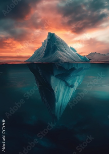Submerged Majesty - An iceberg revealed, where the waterline divides a breathtaking spectacle of nature's frozen artistry above and below the surface, under a fiery sky © jodoto
