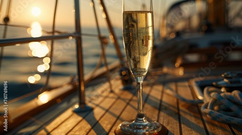 A glass of prosecco on the deck of a yacht during sunset or sunrise to enhance the warmth and atmosphere of the scene. The glass is positioned so that golden light illuminates the stage. © Светлана Канунникова