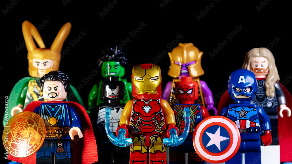 Naklejka premium LEGO Marvel's Avengers. Doctor Strange, Iron Man, Captain America, Venom, Spider-Man, Loki, Hulk, Thanos and Thor on a black background