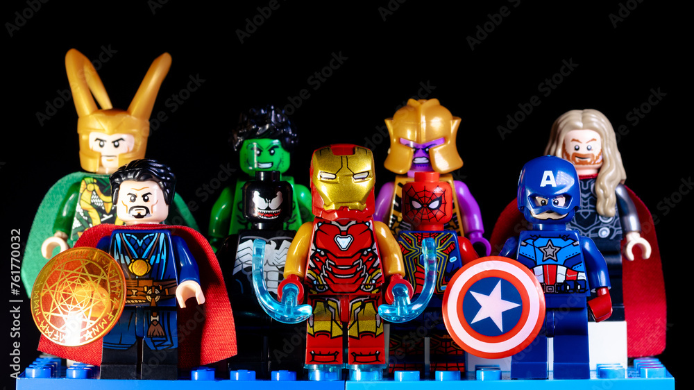 Naklejka premium LEGO Marvel's Avengers. Doctor Strange, Iron Man, Captain America, Venom, Spider-Man, Loki, Hulk, Thanos and Thor on a black background