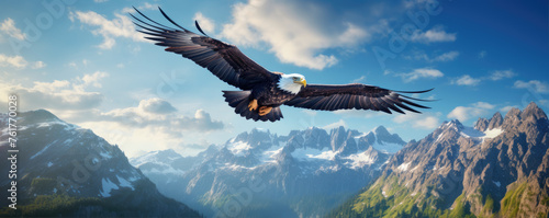 Majestic eagle bird soaring over mountains. photo