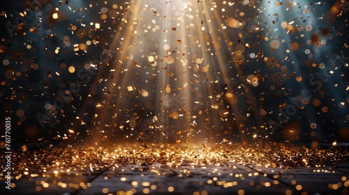 Golden Shower of Confetti on Festive Stage with Light Beam: Perfect for Award Ceremonies, Jubilees, and New Year's Parties! photo