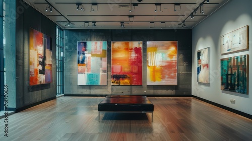 Modern gallery with abstract paintings on the wall created with Generative AI