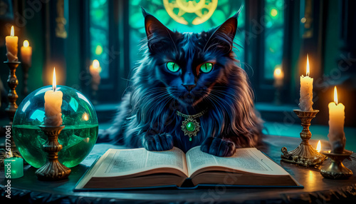 A magical black cat tells fortunes on a Magic Book from the wizard's room © abrilla
