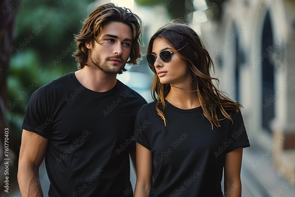 Man and woman wearing blank black t-shirt Man and woman wearing blank black t-shirt
