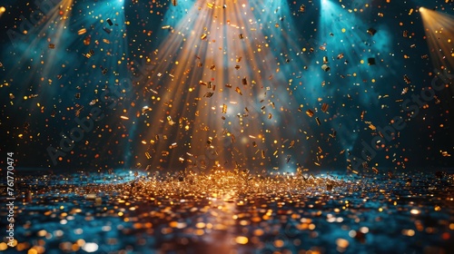 Golden Shower of Confetti on Festive Stage with Light Beam: Perfect for Award Ceremonies, Jubilees, and New Year's Parties!