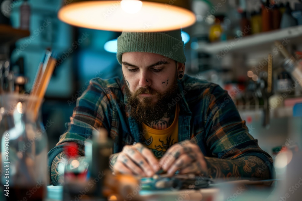 tattooartist working in tattoo studio
