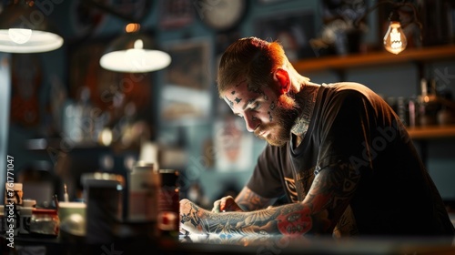 tattooartist working in tattoo studio 