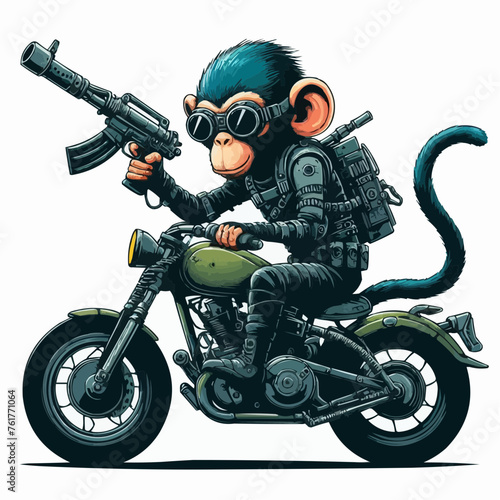Photography A sci-fi looking monkey riding a bike with a gun in hand