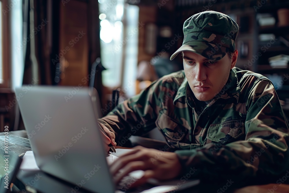 Military Man Using Laptop - obrazy, fototapety, plakaty 