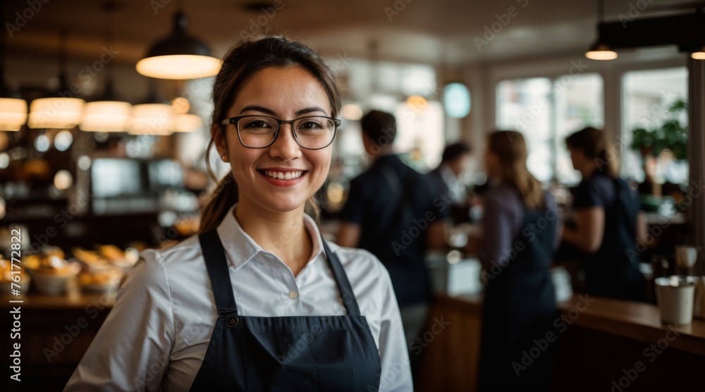 Joyful waitress donning glasses working in lively cafe atmosphere Joyful waitress donning glasses working in lively cafe atmosphere