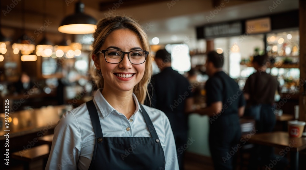 Joyful waitress donning glasses working in lively cafe atmosphere Joyful waitress donning glasses working in lively cafe atmosphere