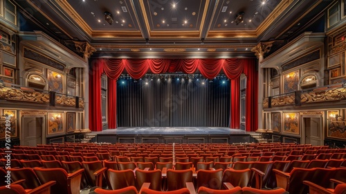 An Empty Theater With Red Curtains and Seats
