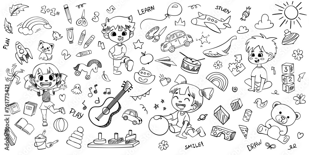Obraz premium Kindergarten doodle set. Cute daycare hand drawn vector illustrations with toy, animal, montessori activities, hopscotch. Childish cute preschool and school activity, education doodle background.