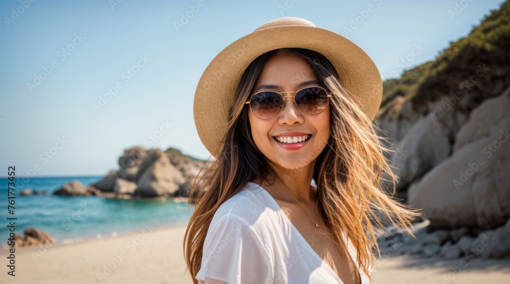 Lady in hat and shades glowing at the sunny beach 