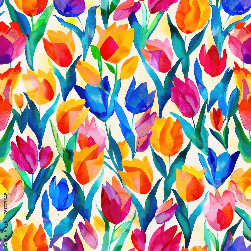 Whimsical tulip watercolor flowers seamless pattern, bright colored abstract background