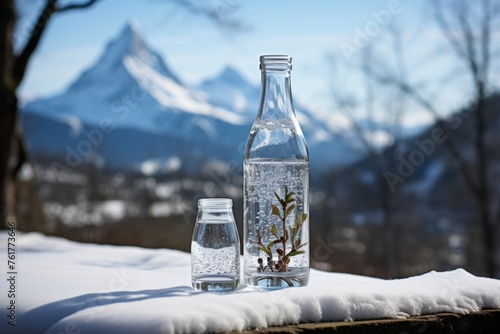 Crystal water bottle and glass against snow mountain landscape, organic refreshing drink