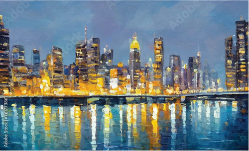 Beautiful city skyline view oil painting. Oil paintings city landscape. Skyline city view. city landscape painting  background of paint. City landscape with beautiful buildings  roads  and lights.