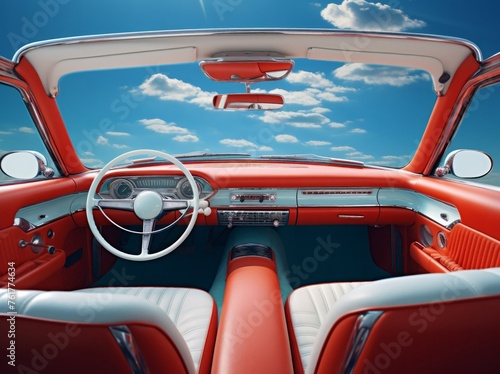 View of a bright blue sky seen through the windshield of a 1950s automobile with red and white vinyl upholstery. From the series “Cosmic Living.