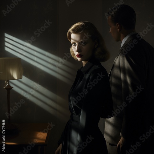 Indoor color photo of a darkened room with a woman looking at the photographer, next to a man looking away, film noir style. From the series “Art Film - Color," "The Lovely Ladies."