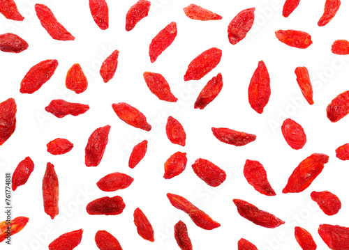Set macro dried Chinese wolfberries, pattern goji berries isolated on white background, top view photo