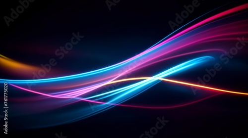Luminous neon streaks elegantly traverse a mysterious abstract setting 