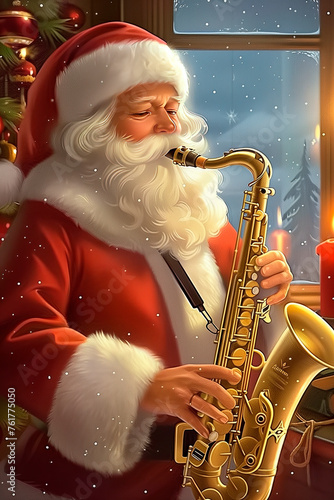Santa Claus plays the saxophone in a cozy setting  capturing the joy  humor  and warmth of the Christmas holiday