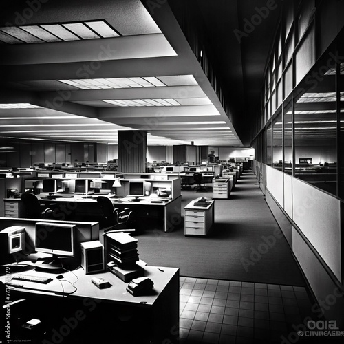 Black and white indoor photo of a large open plan office at night with empty desks and workstations. From the series 