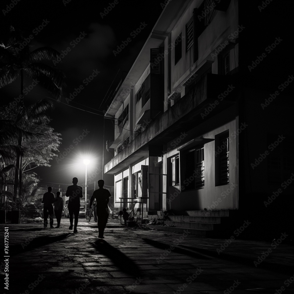 Outdoor nighttime black and white photo of people seen in silhouette standing in front of an apartment building illuminated by a streetlight. From the series “Quest.