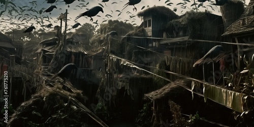 Outdoor color photo of a gloomy day with a large flock of menacing black birds flying low over a deserted village overgrown with moss and weeds. From the series    Bad LSD. 