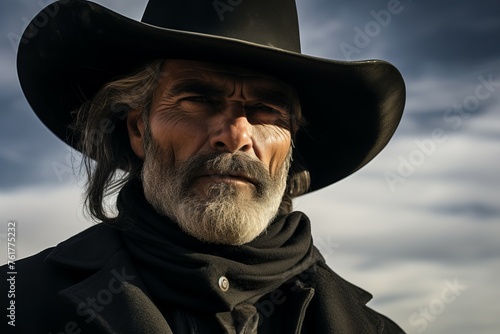Stern Mature man cowboy portrait. Handsome masculine. Generate Ai