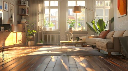 Beautiful living room interior with hardwood floors and fireplace in new luxury home. Large bank of windows hints at exterior view