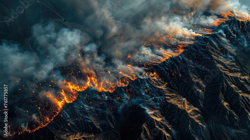 Aerial view of a raging wildfire spreading through mountain terrain