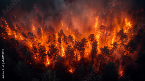 Forest inferno: raging wildfires devastate landscapes on a global scale. photo